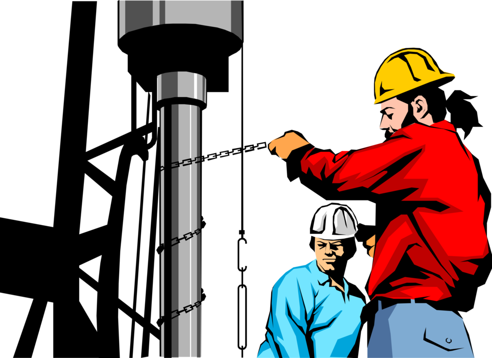 Vector Illustration of Fossil Fuel Petroleum and Gas Industry Oil Derrick Workers Drill for Oil and Natural Gas