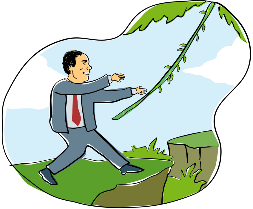 Vector Illustration of Businessman Grabs Vine in Jungle to Leap 