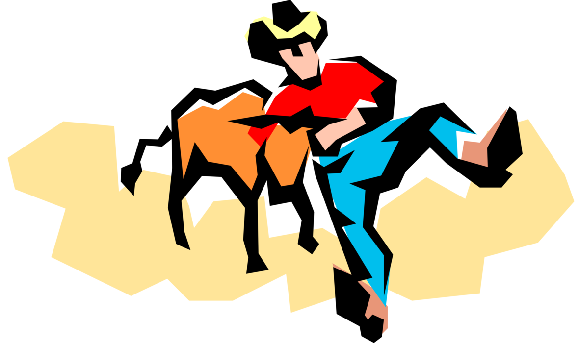 Vector Illustration of Rodeo Cowboy Wrestles Steer in Competition