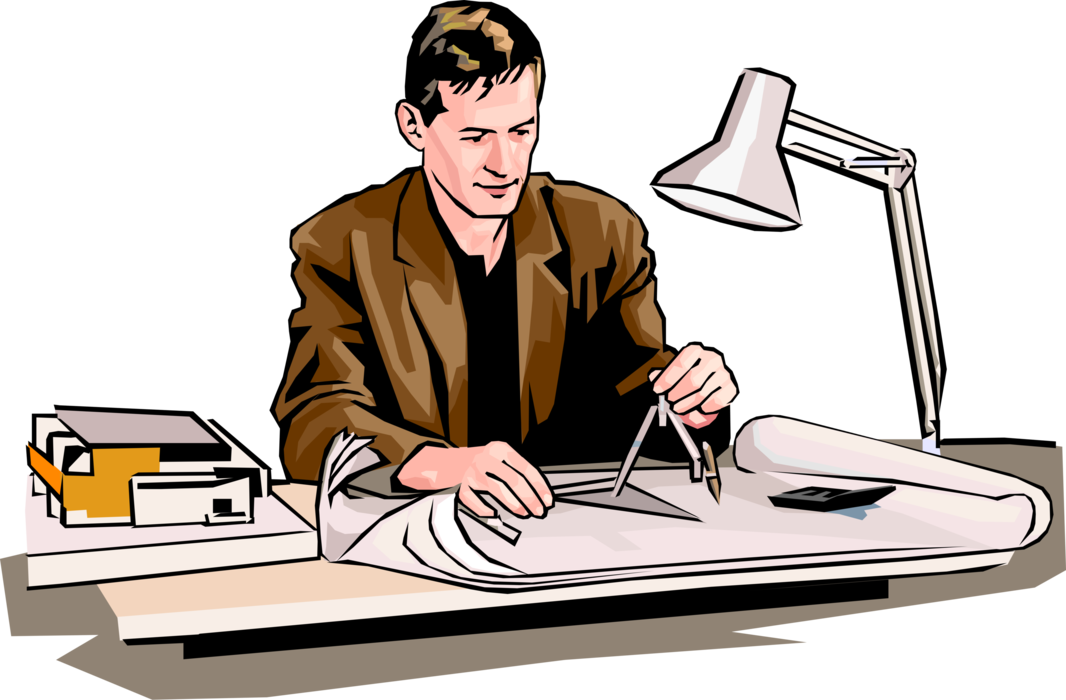 Vector Illustration of Architect Working with Blueprint Plans at Desk
