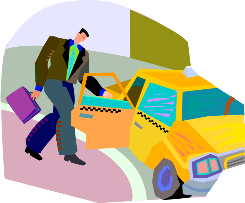 Vector Illustration of Businessman Getting Into Taxicab Taxi or Cab Vehicle for Hire Automobile Motor Car