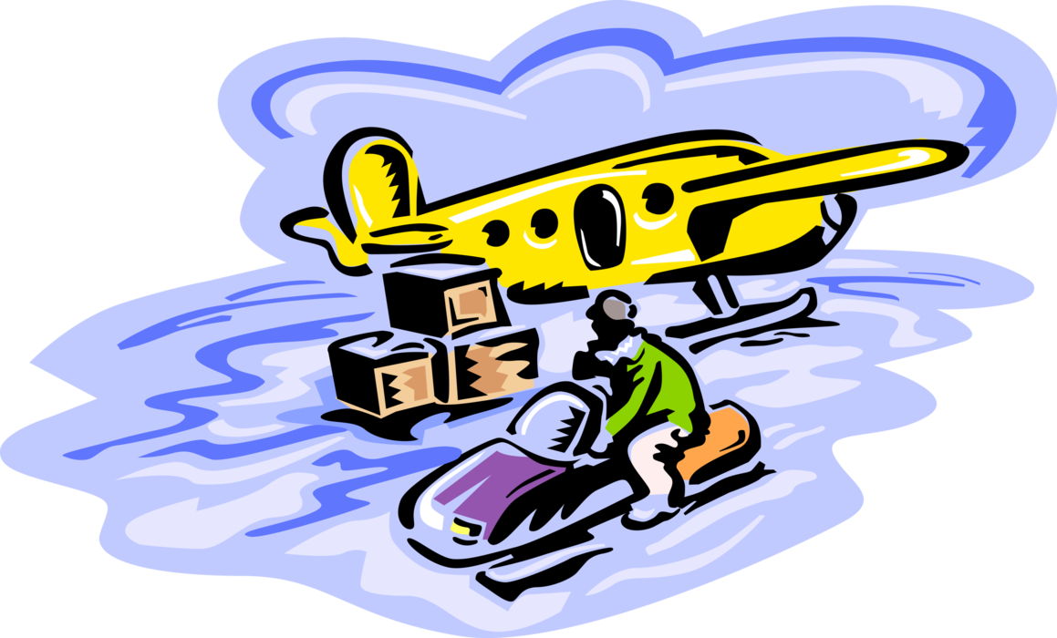Vector Illustration of Snowmobile in Remote Frozen Arctic with Air Cargo Transport and Delivery Airplane