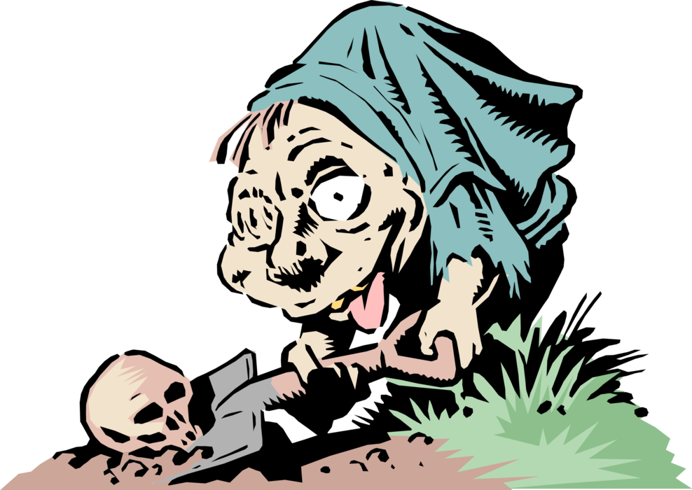 Vector Illustration of Deformed Hunchback Digs with Shovel and Finds Human Skull