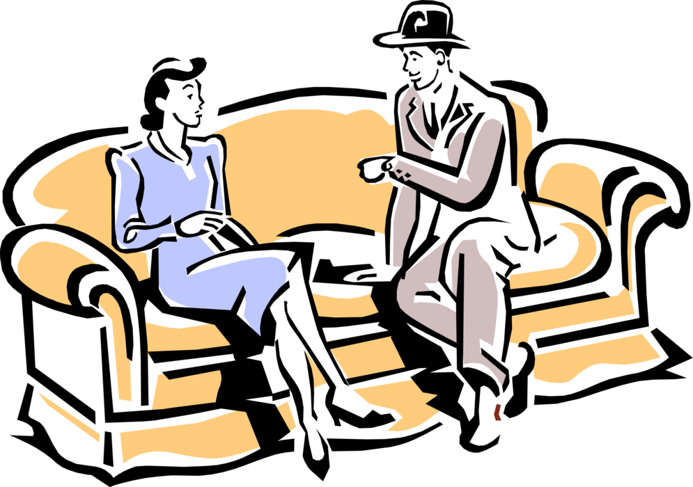 Vector Illustration of 1950's Vintage Style Couple Having Conversation on Living Room Couch Sofa
