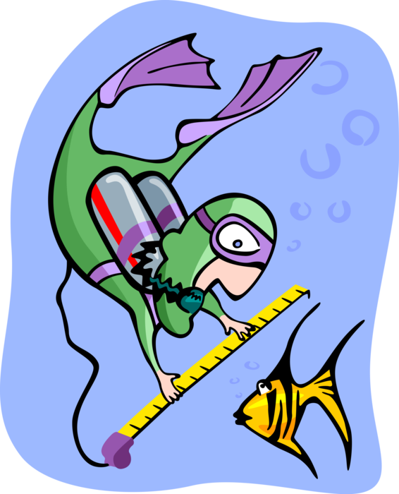Vector Illustration of Scuba Diver Measures the Length of Fish with Measuring Tape
