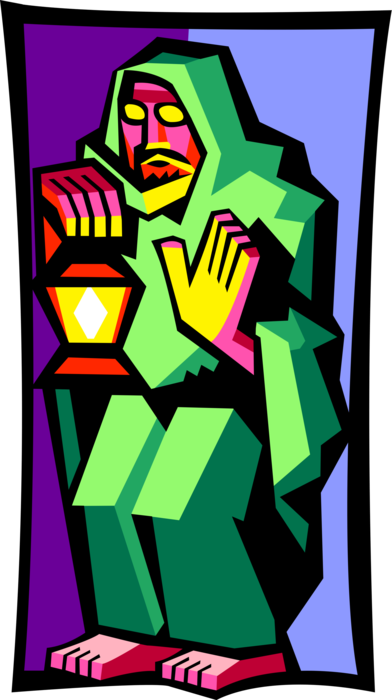 Vector Illustration of Tarot Card Major Arcana The Hermit Stands Alone on Mountain with Lantern in Hand