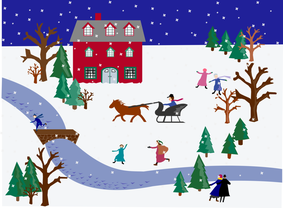 Vector Illustration of Winter Scene with Family Country Home, Snow, and People