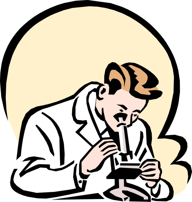 Vector Illustration of 1950's Vintage Style Research Scientist in Laboratory with Microscope