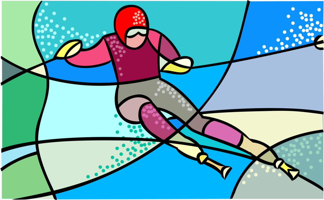 Vector Illustration of Olympic Sports Downhill Alpine Skier Racing Down Mountain on Skis