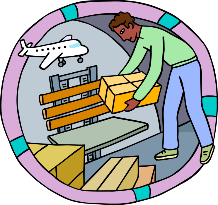 Vector Illustration of Air Cargo Worker Loads Shipment on Airplane for Transport