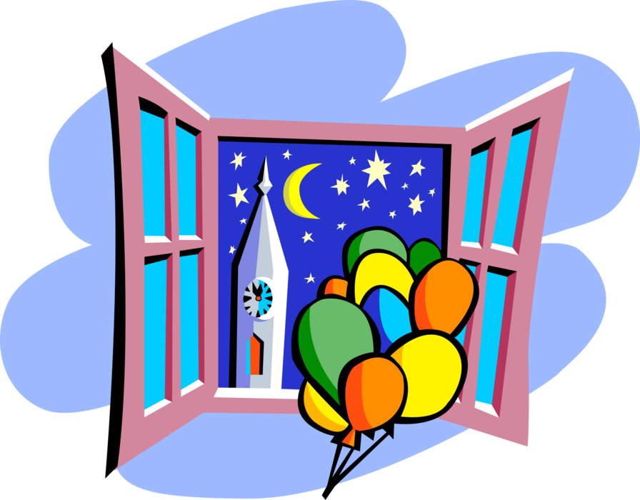 Vector Illustration of Open Window with Balloons Against Night Sky