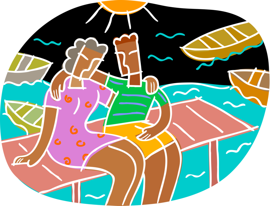 Vector Illustration of Young Romantic Couple Sit on Dock at the Beach