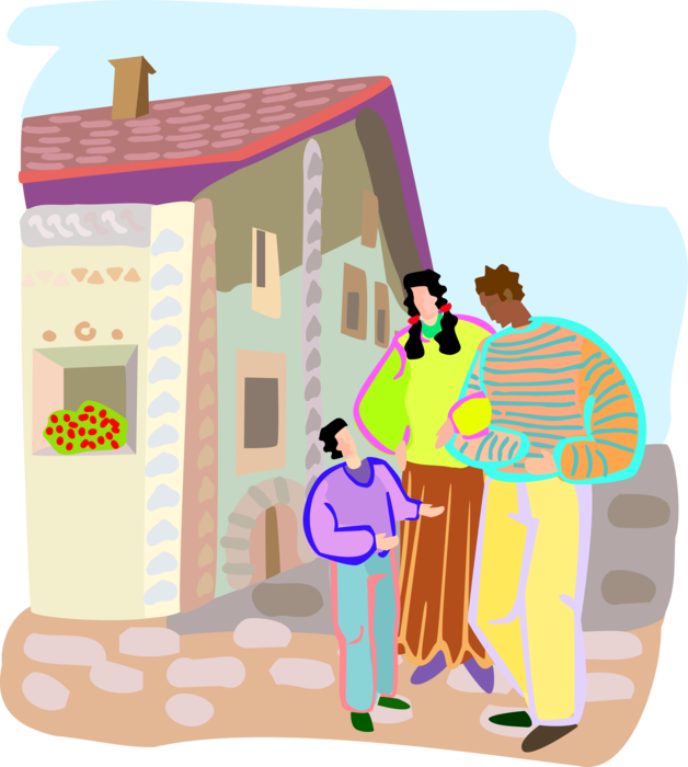 Vector Illustration of Family on Vacation Take Walking Tour to See the City Sights