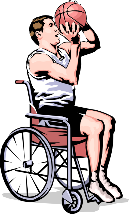 Vector Illustration of Disabled Sports Athlete Plays Wheelchair Basketball and Shoots the Ball