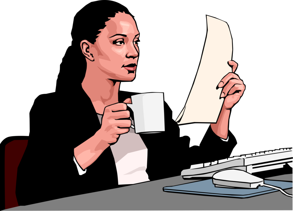 Vector Illustration of Businesswoman Reads Printed Document at Her Desk with Cup of Coffee