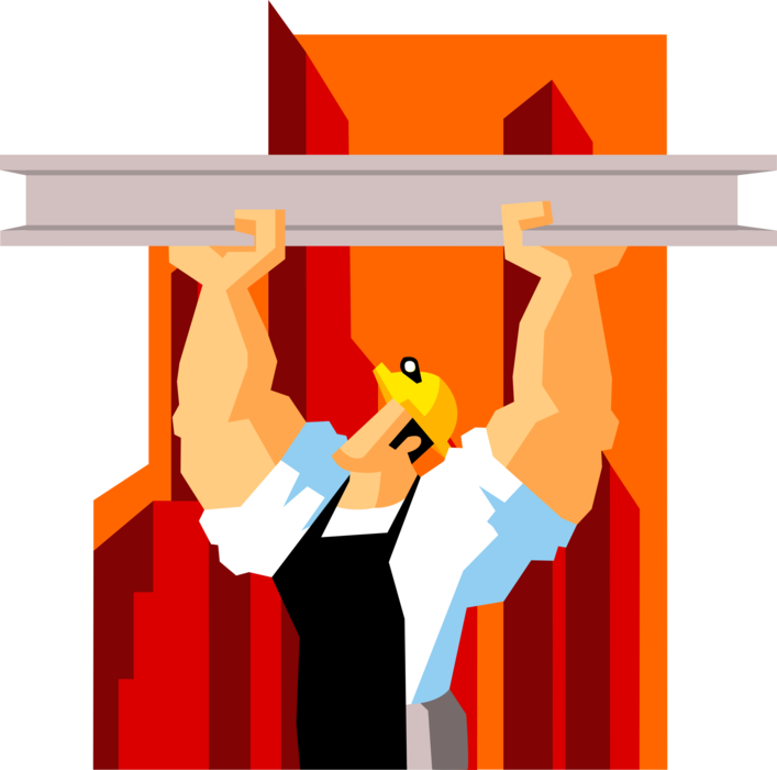 Vector Illustration of Powerful Construction Worker with Jacked Biceps and Forearms Suspending Steel Beam