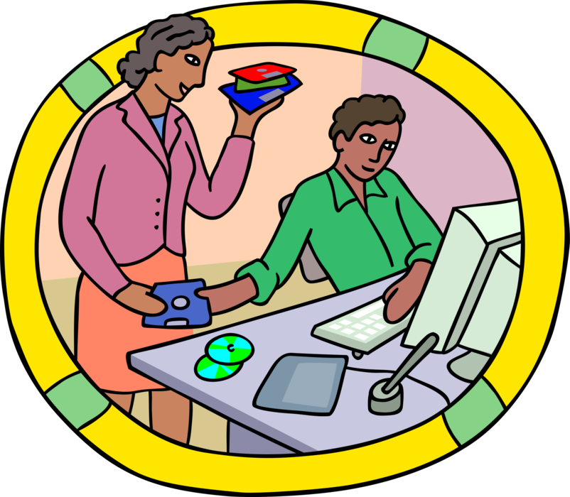 Vector Illustration of Office Worker Loading Software on Computer From Diskettes