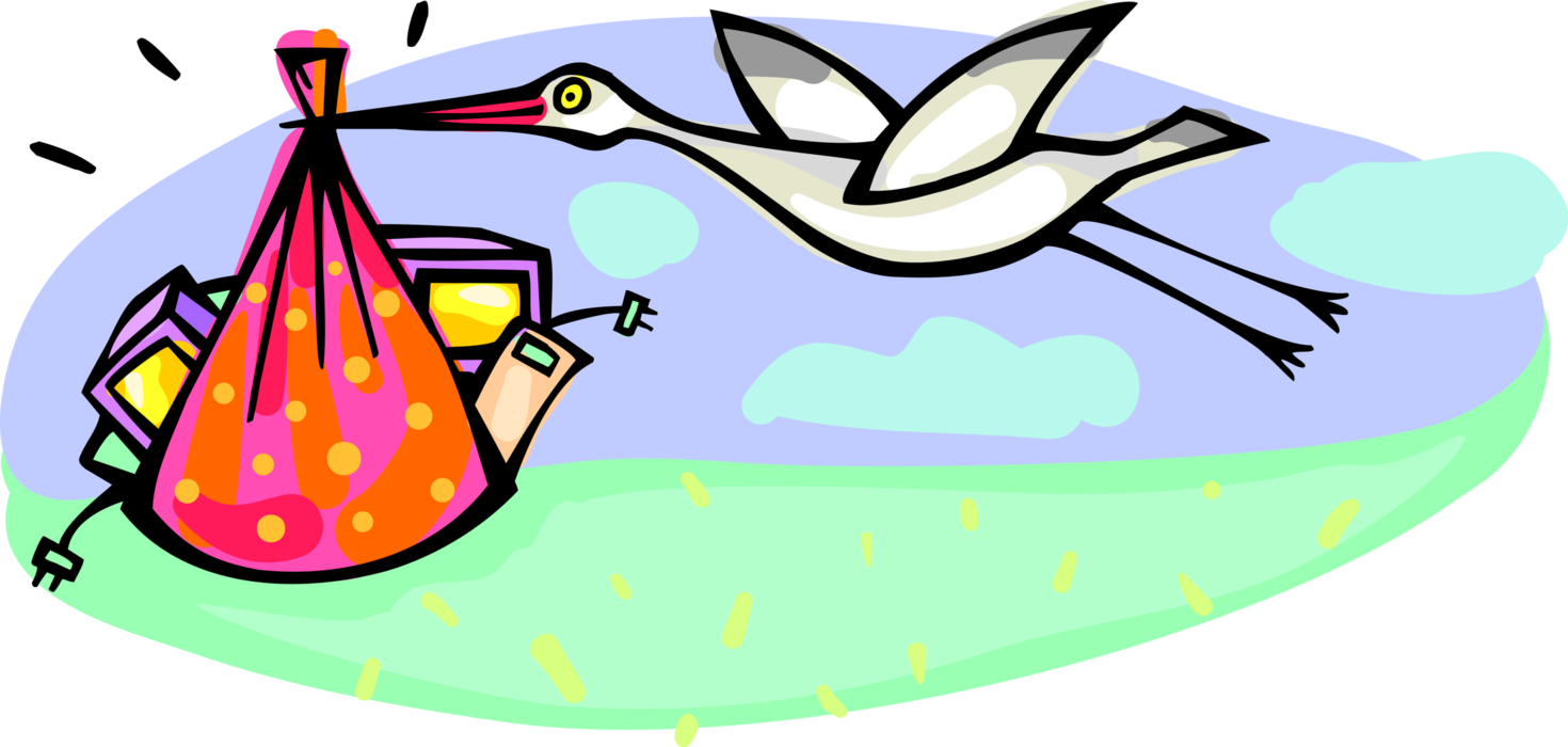 Vector Illustration of Stork Bird Carrying Computer Technology 