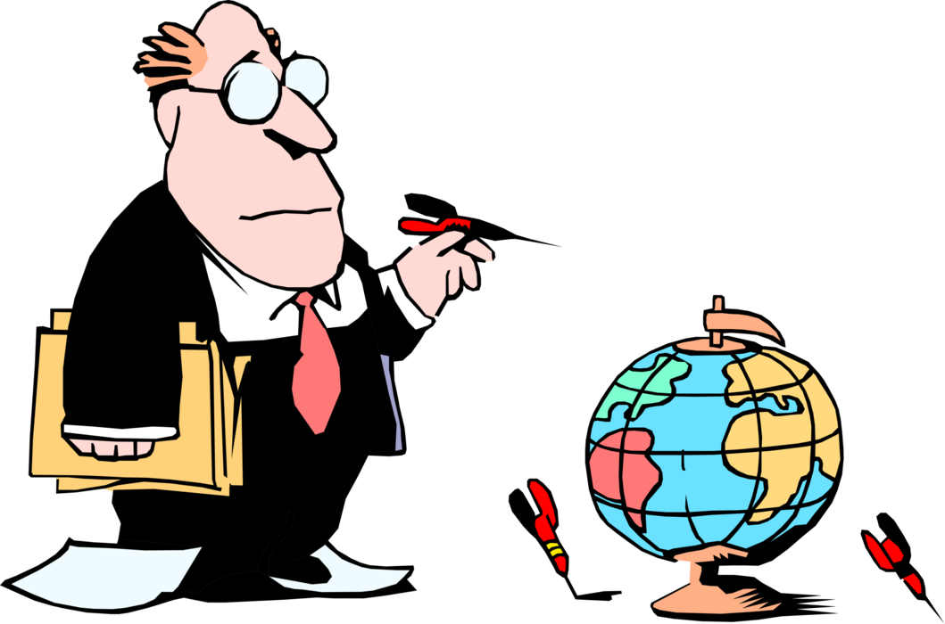 Vector Illustration of Executive Deciding on Vacation Destination with World Globe and Darts