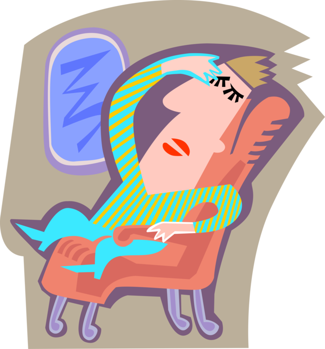 Vector Illustration of Air Traveler Sleeping on International Air Flight on Airplane