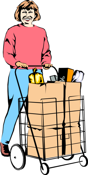 Vector Illustration of Woman with Grocery Cart and Family Groceries