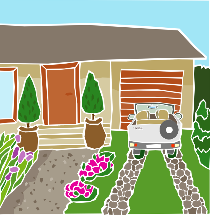 Vector Illustration of Home Front Yard with Driveway and Automobile