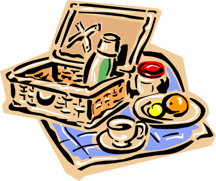 Vector Illustration of Picnic Basket or Picnic Hamper with Thermos, Coffee and Lunch