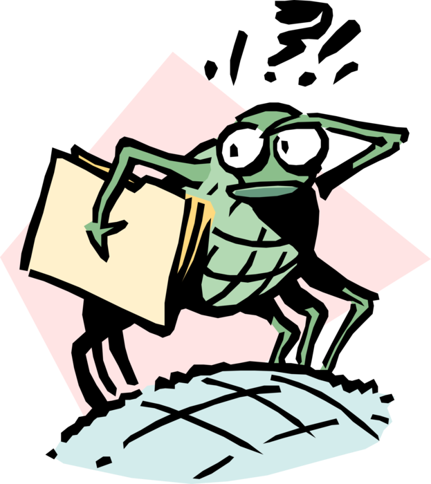 Vector Illustration of Confused Green Bug on World with Documents Surveys Landscape