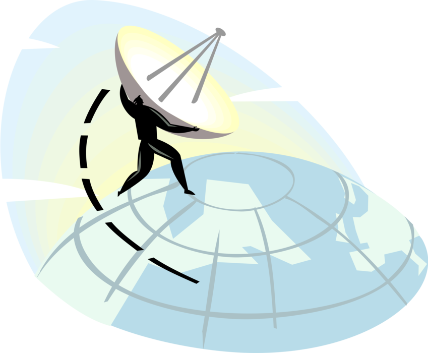 Vector Illustration of Businessman Controls Satellite Dish Parabolic Antenna to Receives Signals