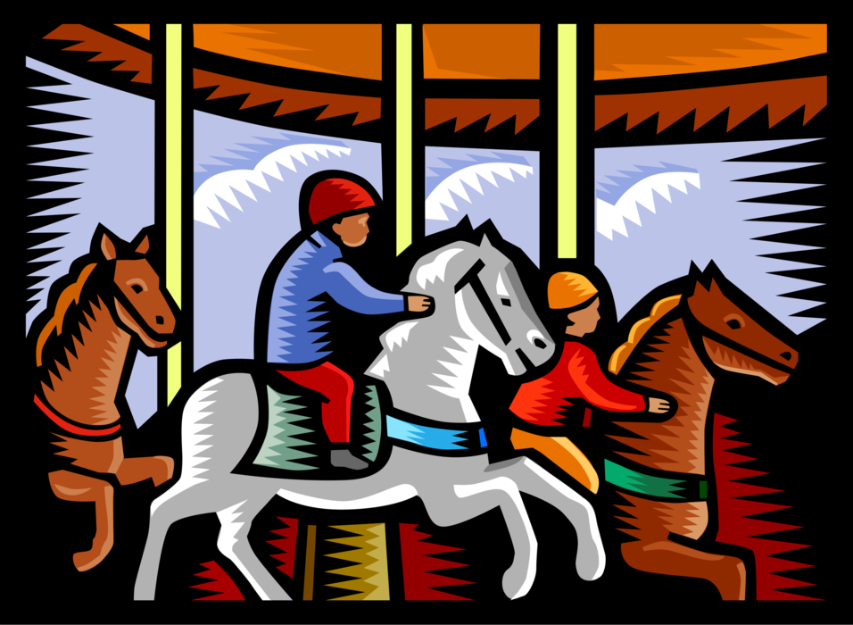 Vector Illustration of Children Enjoy Amusement Park or Theme Park Merry-Go-Round Carousel Ride