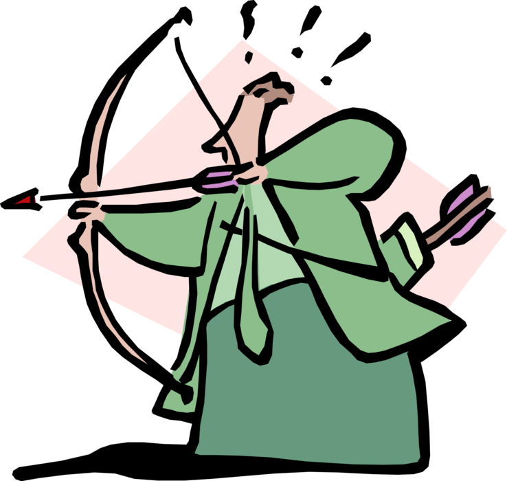 Vector Illustration of Businessman Archer Shoots Bow and Arrow to Hit the Target
