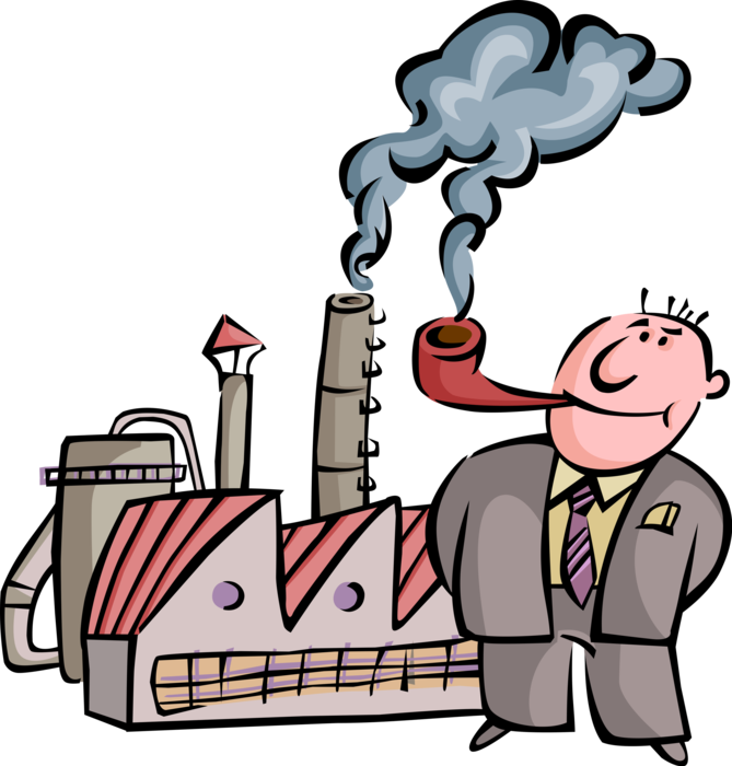 Vector Illustration of Pipe Smoking Fat Cat Businessman with Polluting Factory Smokestack