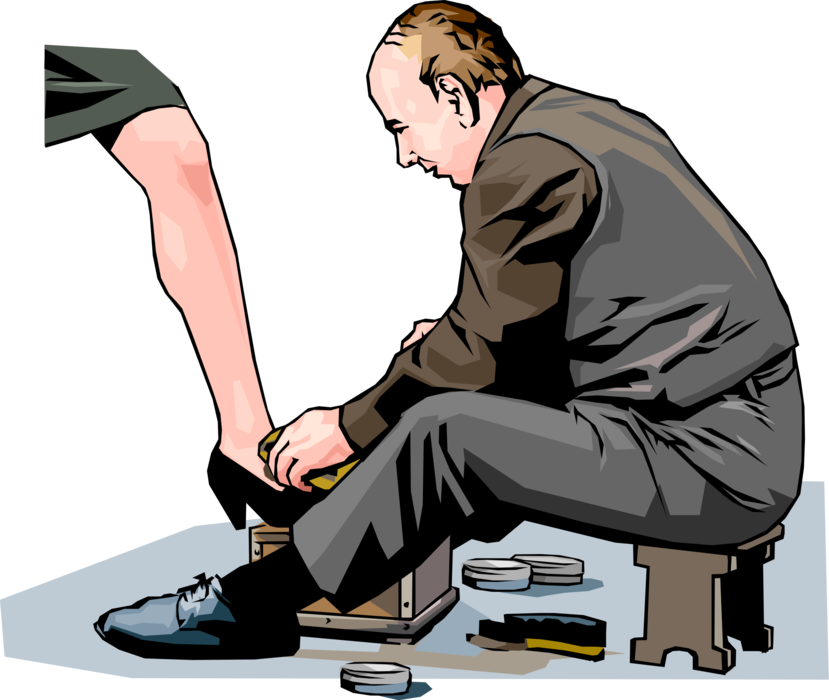 Vector Illustration of Shoeshiner or Boot Polisher Polishes Shoes with Shoe Polish