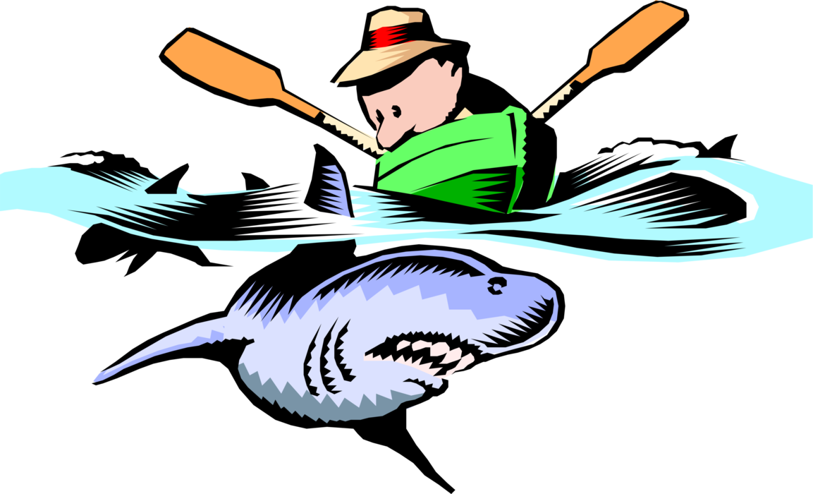 Vector Illustration of Unfortunate Man Rows Boat in Predator Shark Infested Waters