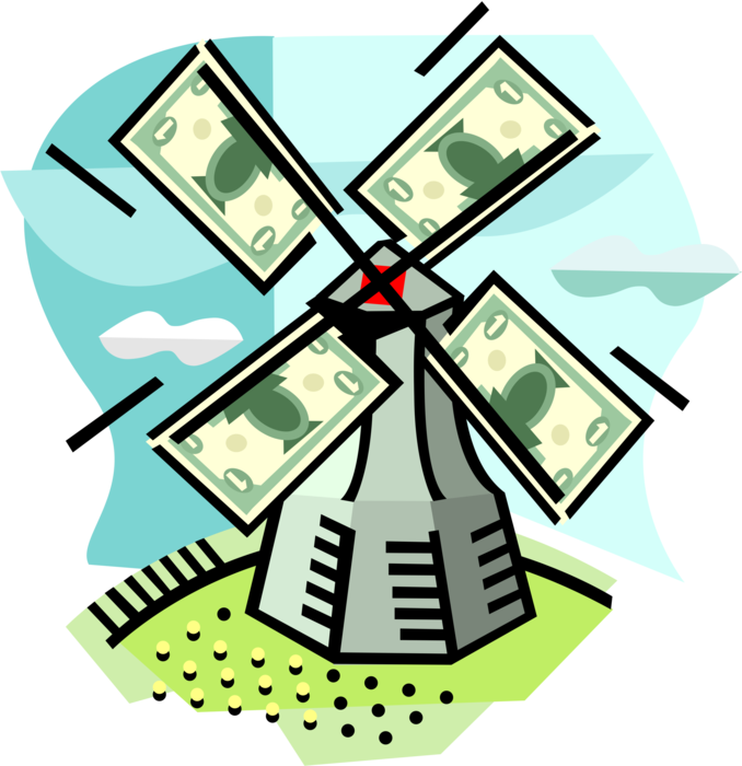 Vector Illustration of Dutch Windmill with Cash Money Dollars