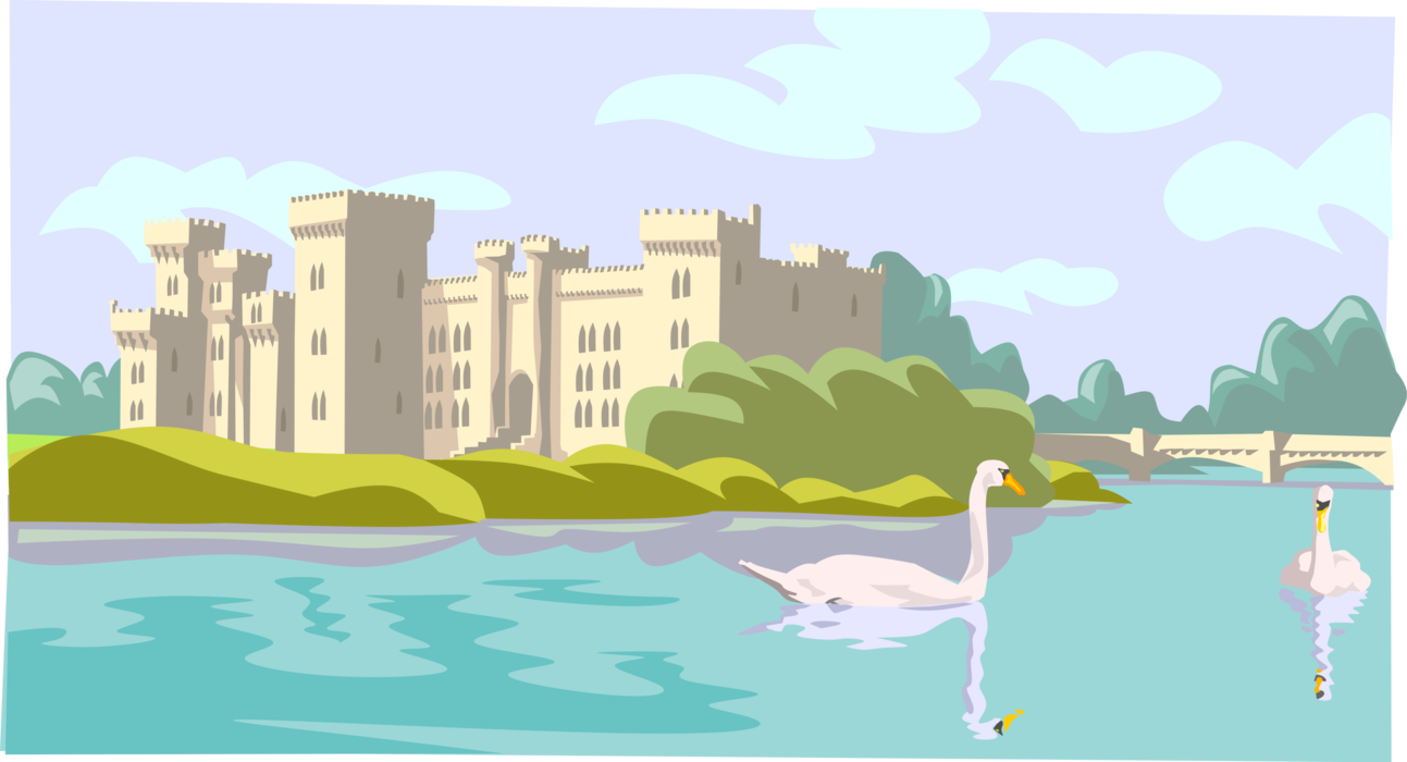 Vector Illustration of Mute Swans in River with English Castle in Countryside