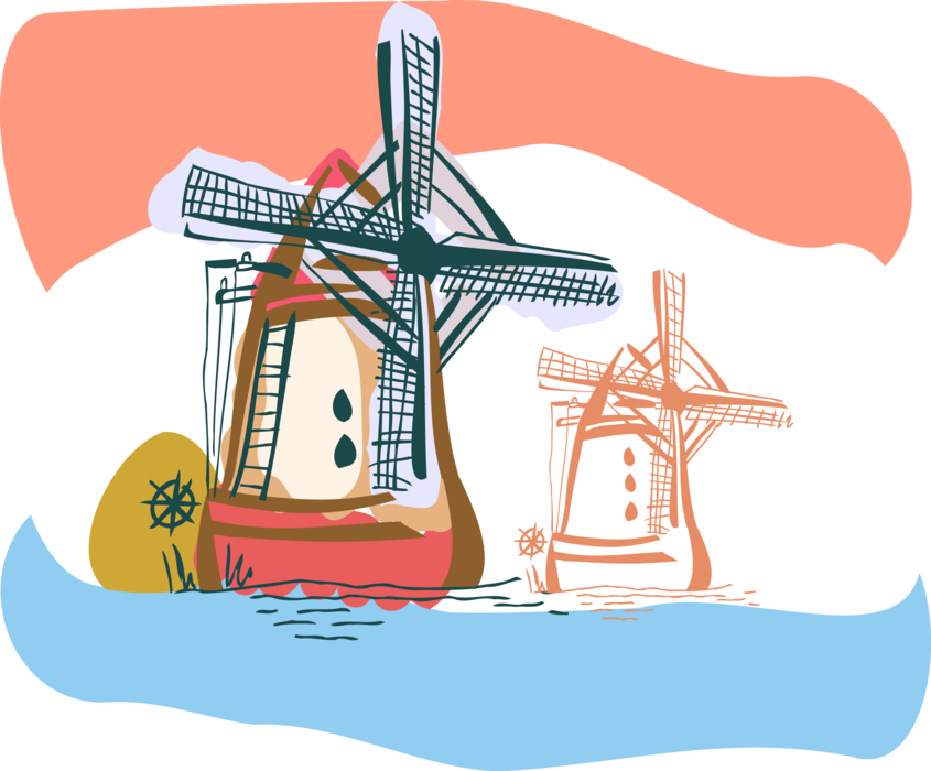 Vector Illustration of Dutch Windmill in The Netherlands, Holland used to Mill Grain, Pump Water