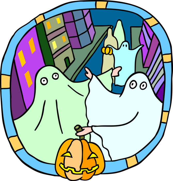Vector Illustration of Scary Halloween Ghost Phantom, Apparition, Spirit, Spooks Trick-Or-Treating