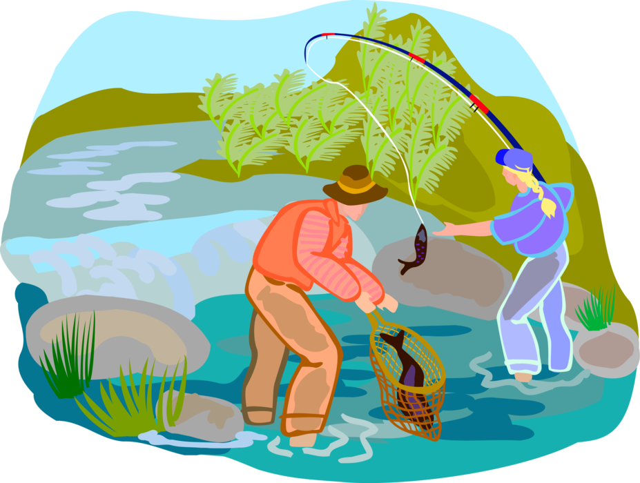 Vector Illustration of Fishermen Fishing in River Catch Fish