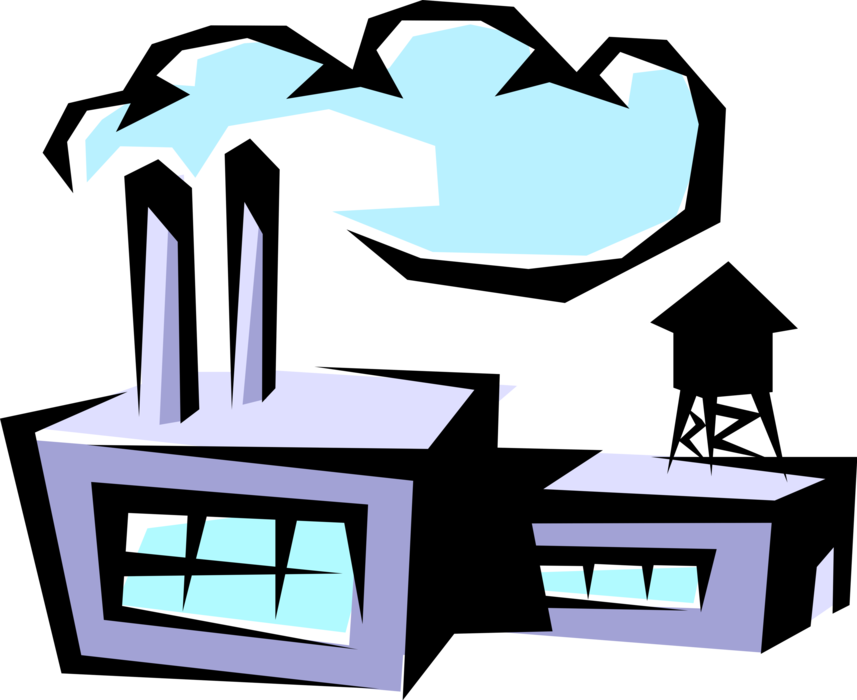 Vector Illustration of Industrial Manufacturing Factory Building with Smokestack Pollution