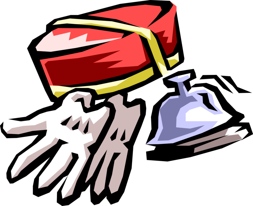 Vector Illustration of Hospitality Industry Hotel Concierge Bellhop's Hat and Gloves with Bell