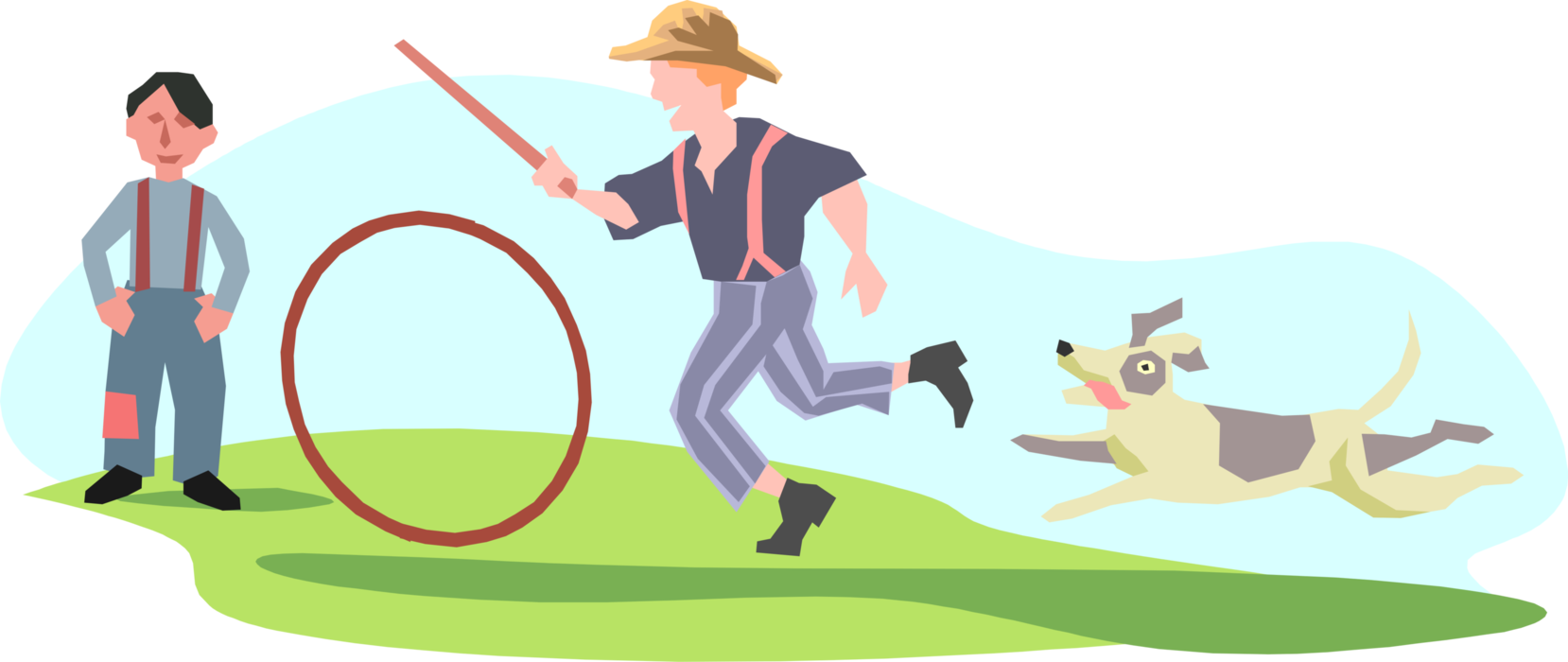 Vector Illustration of Boys Playing with Wheel Hoop and Stick as Dog Gets in on the Fun