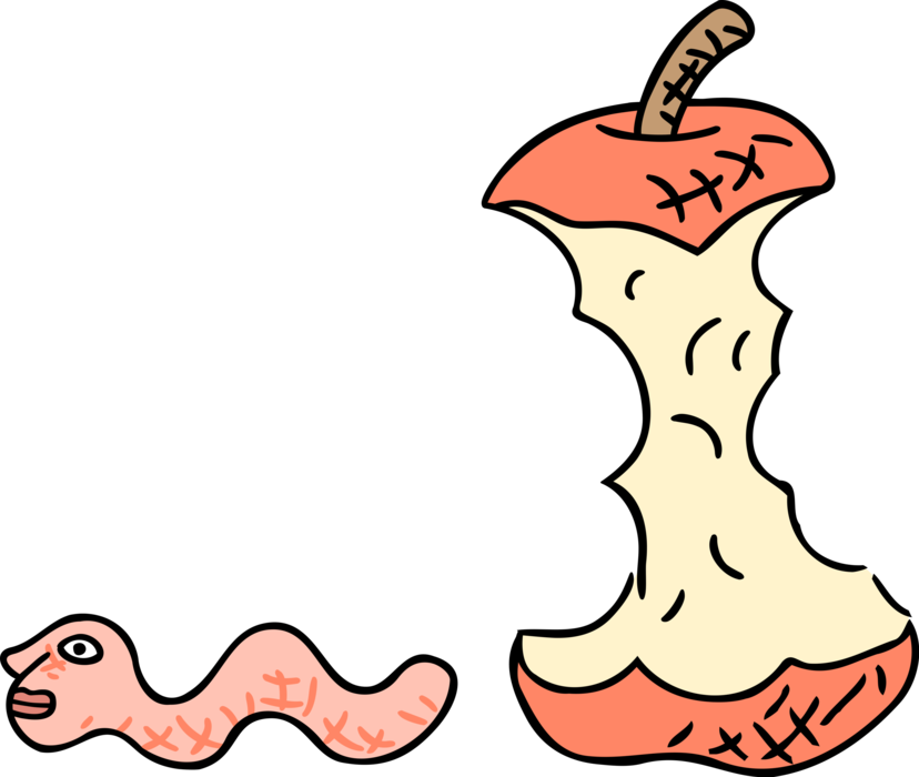 Vector Illustration of Eaten Apple Core with Anthropomorphic Worm