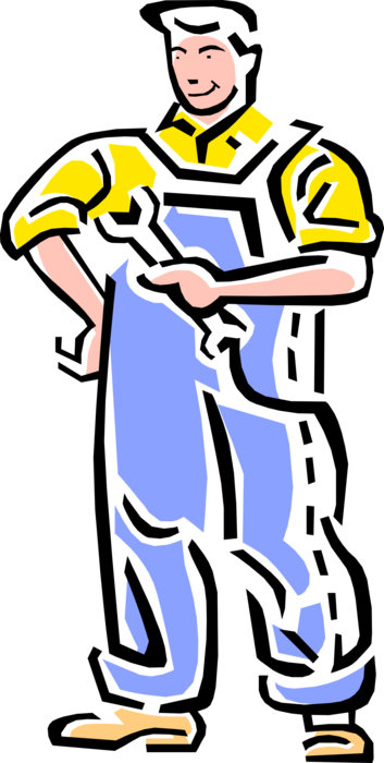 Vector Illustration of 1950's Vintage Style Workman Works with Spanner Wrench
