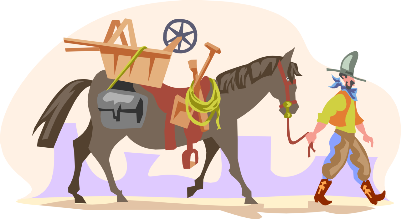 Vector Illustration of Old West Mining Prospector Walks His Horse in Western Desert Landscape