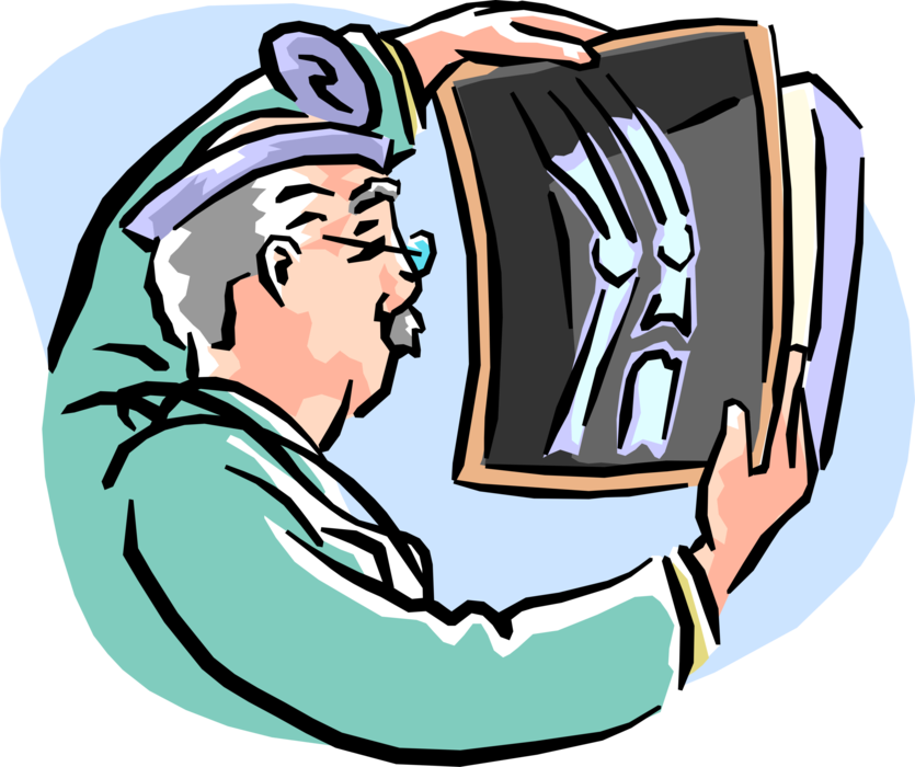 Vector Illustration of Health Care Professional Doctor Physician Inspects and Reviews Patient X-Ray Showing Broken Leg