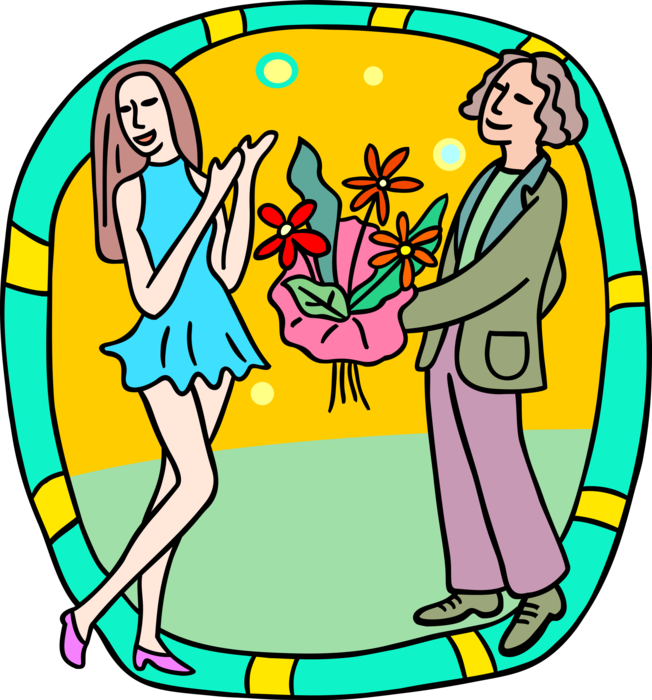 Vector Illustration of Amorous Teenager Offers Gift of Flowers to His Date 