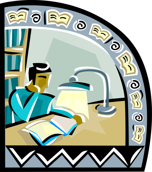 Vector Illustration of Reading Enthusiast with Book and Desk Lamp