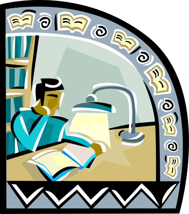 Vector Illustration of Reading Enthusiast with Book and Desk Lamp