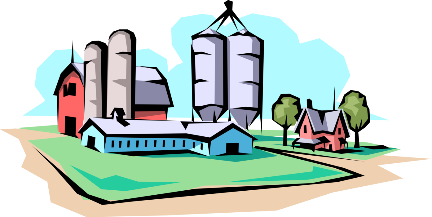 Vector Illustration of Farm Scene with Grain Storage Silo